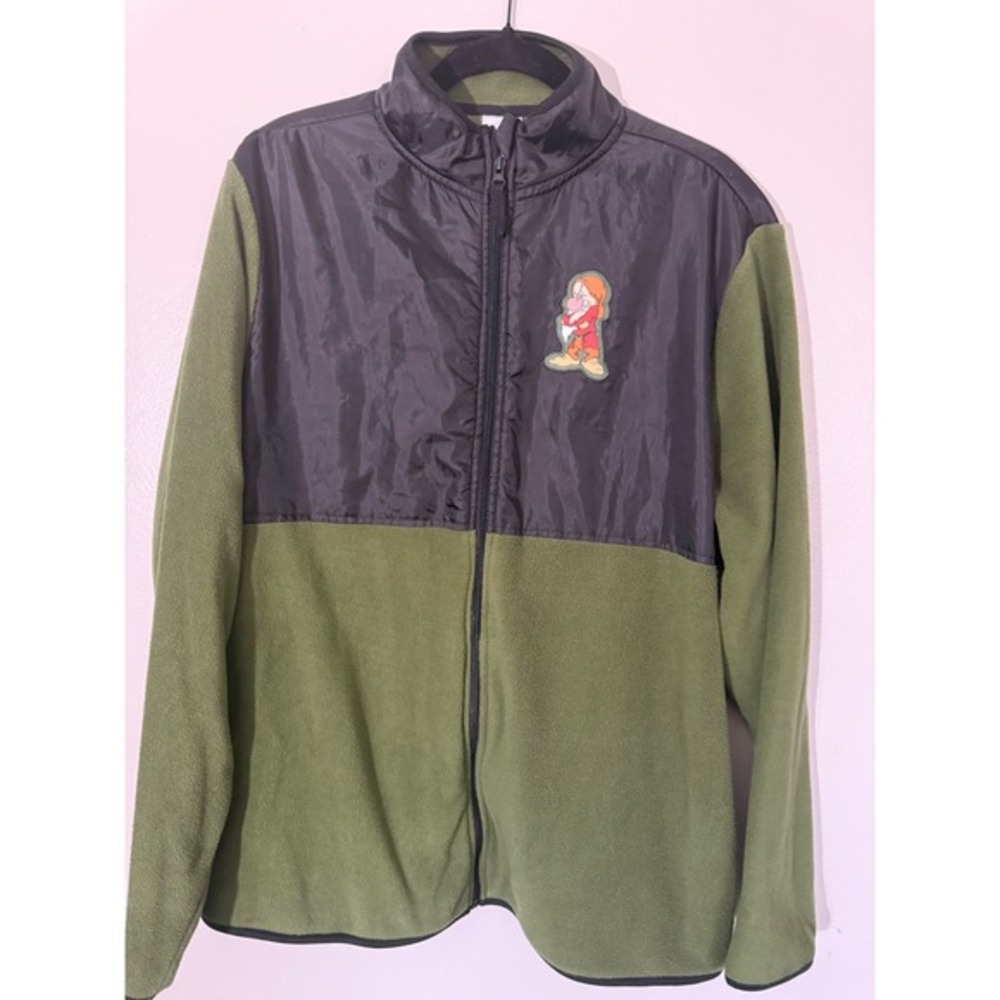 Disney Fleece Zip Up Jacket Snow White Dopey Patch Olive Green 3L